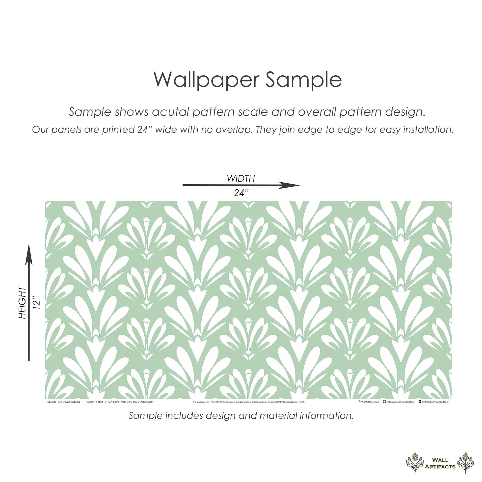 Art Deco Essence wallpaper sample with vintage geometric motifs in white on a mint green background, ideal for elegant interiors.