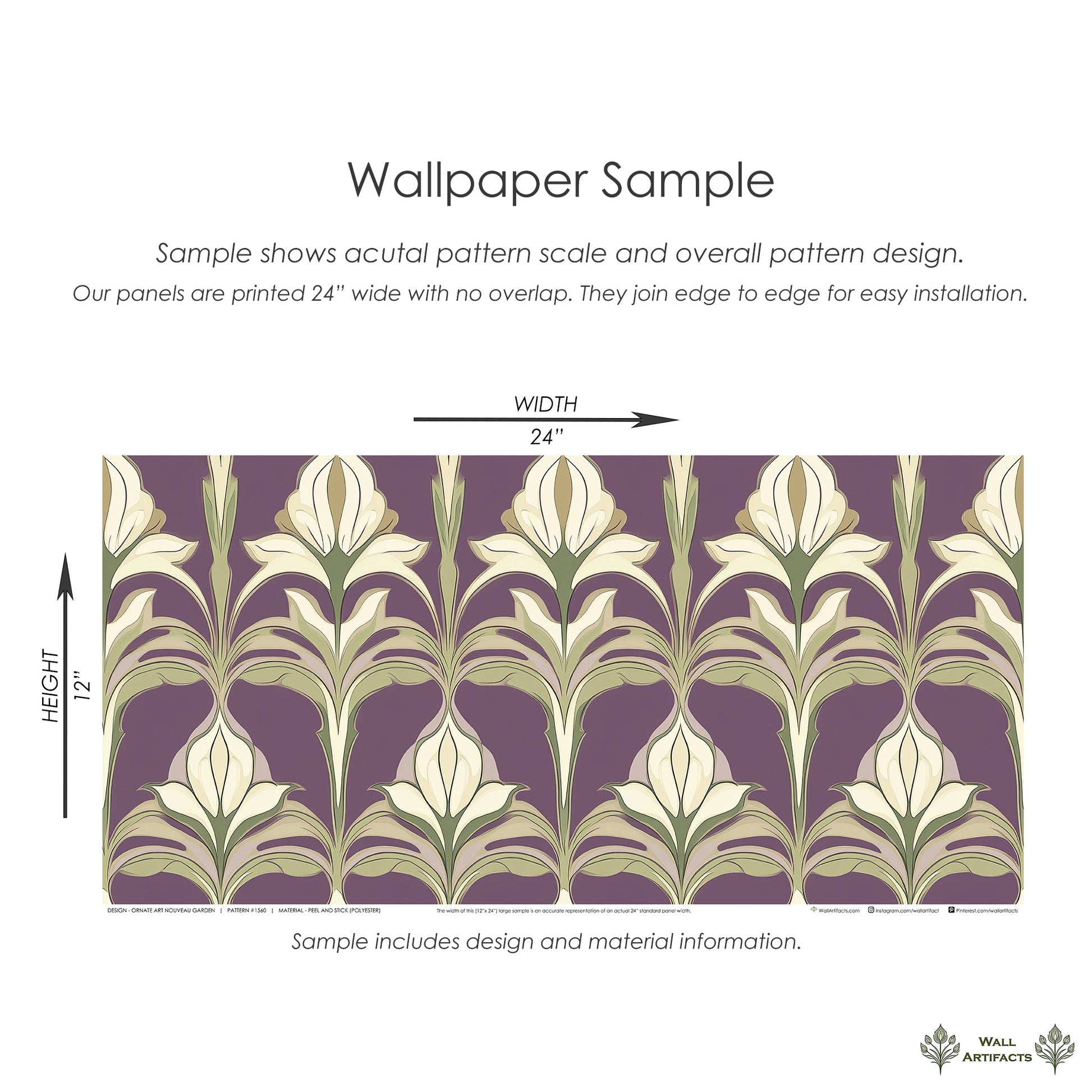 Ornate Art Nouveau Garden wallpaper sample with elegant floral patterns in ivory and sage on a rich purple damask background.