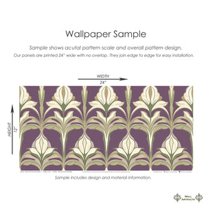 Ornate Art Nouveau Garden wallpaper sample with elegant floral patterns in ivory and sage on a rich purple damask background.
