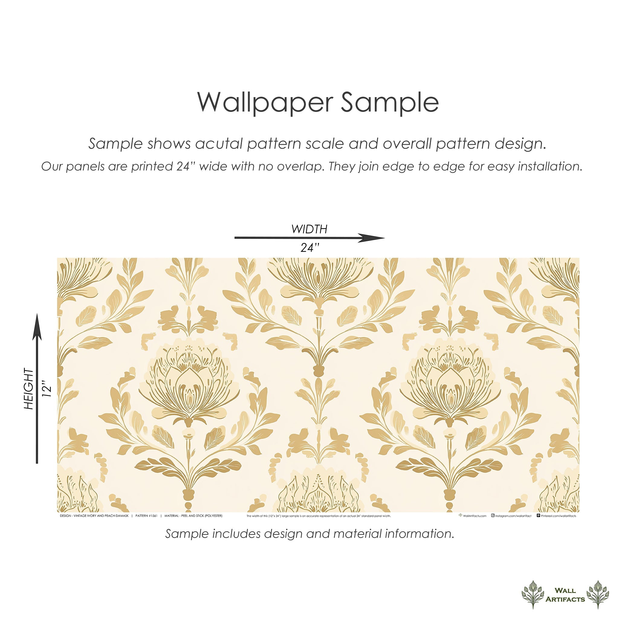 Vintage ivory and peach damask wallpaper with golden floral designs, showcasing retro botanical patterns on a creamy background.