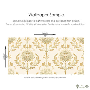 Vintage ivory and peach damask wallpaper with golden floral designs, showcasing retro botanical patterns on a creamy background.