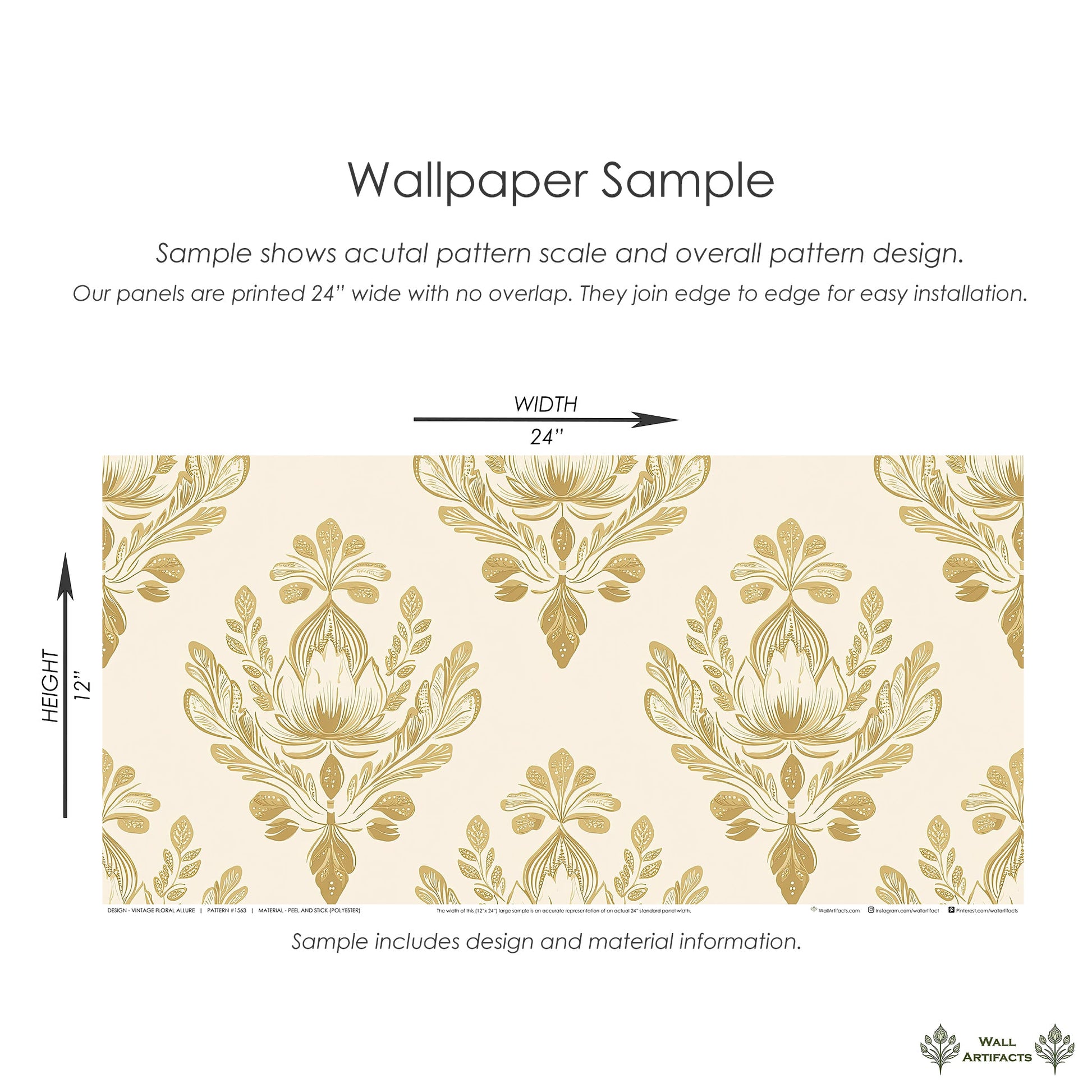 Sample of Vintage Floral Allure wallpaper with damask pattern in warm golden tones, featuring retro botanical details.