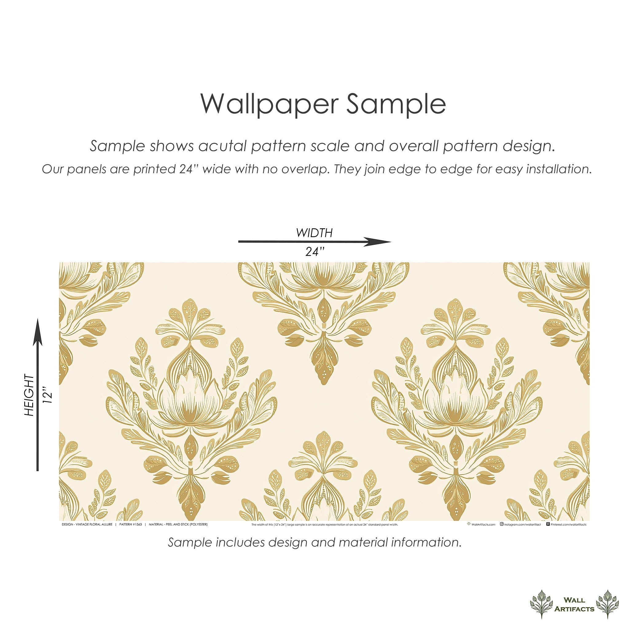 Sample of Vintage Floral Allure wallpaper with damask pattern in warm golden tones, featuring retro botanical details.