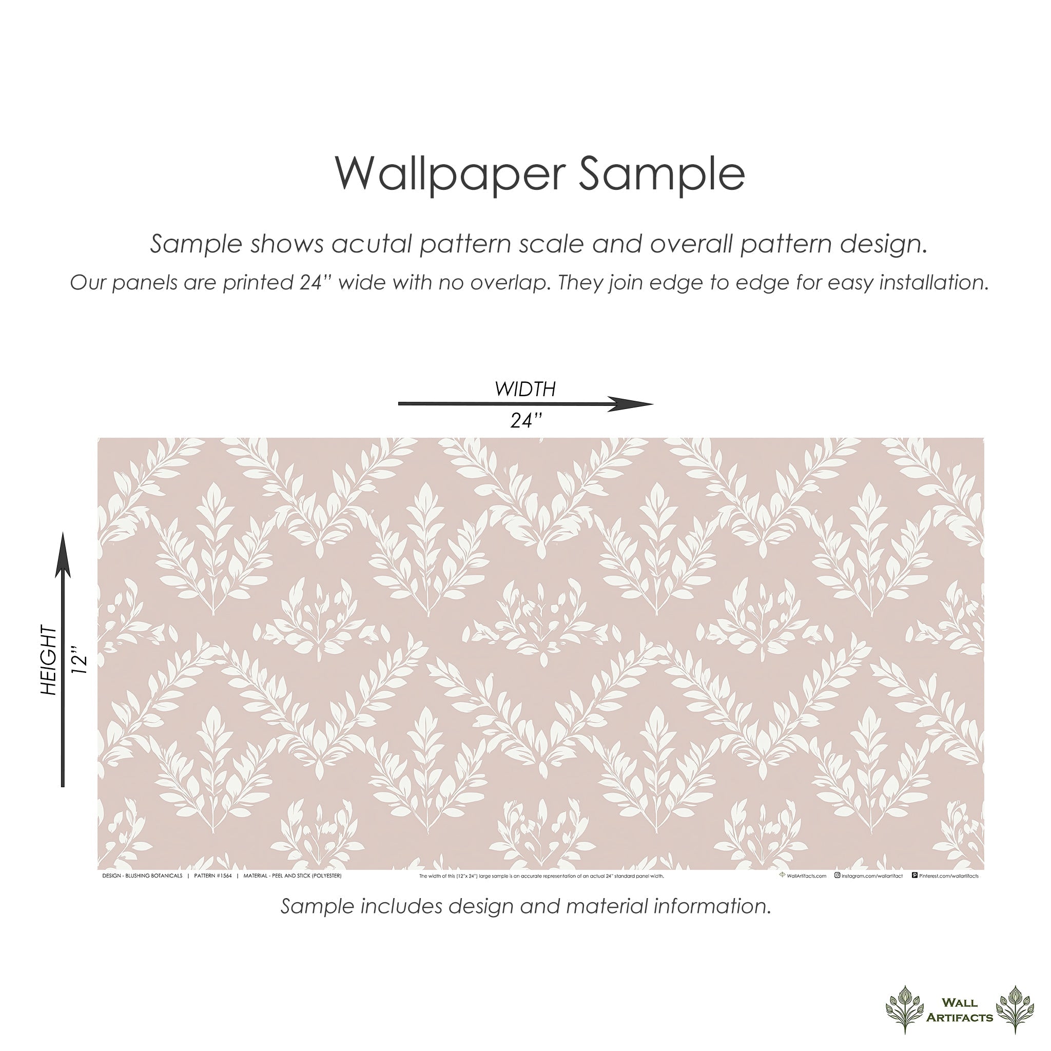Sample of Blushing Botanicals wallpaper featuring ivory floral silhouettes on a blush background with laurel wreath patterns.
