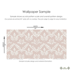 Sample of Blushing Botanicals wallpaper featuring ivory floral silhouettes on a blush background with laurel wreath patterns.