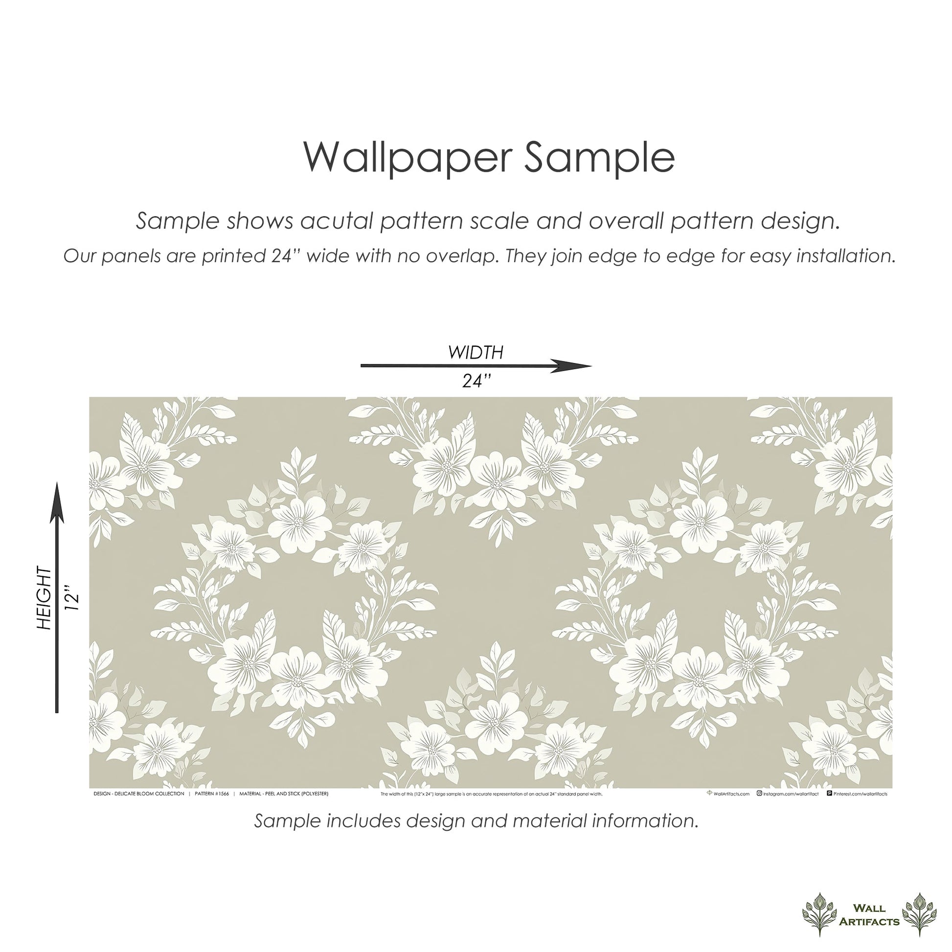 Wallpaper sample of Delicate Bloom Collection with beige background, white floral wreaths, botanical accents, and laurel elements.