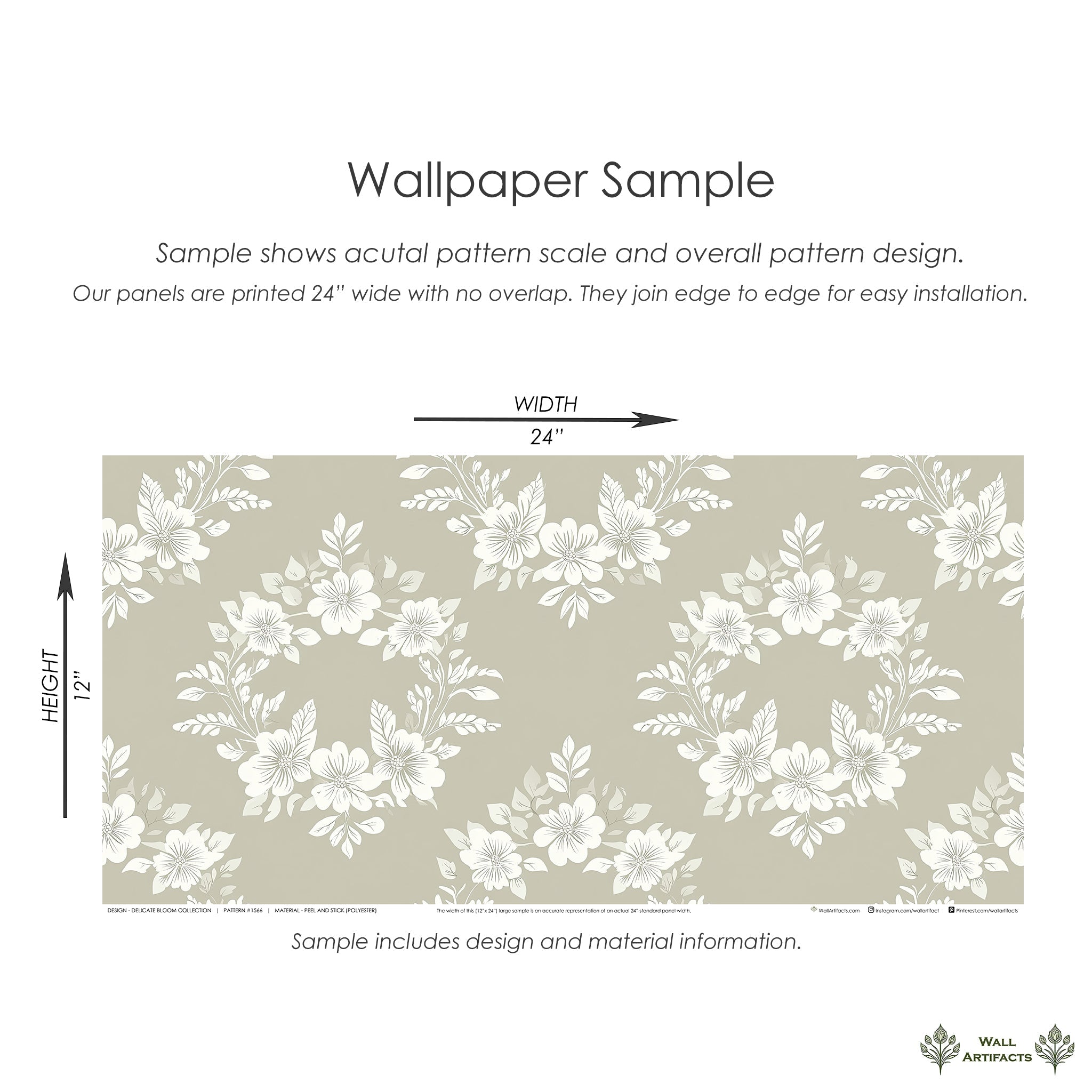 Wallpaper sample of Delicate Bloom Collection with beige background, white floral wreaths, botanical accents, and laurel elements.