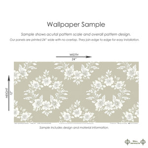 Wallpaper sample of Delicate Bloom Collection with beige background, white floral wreaths, botanical accents, and laurel elements.
