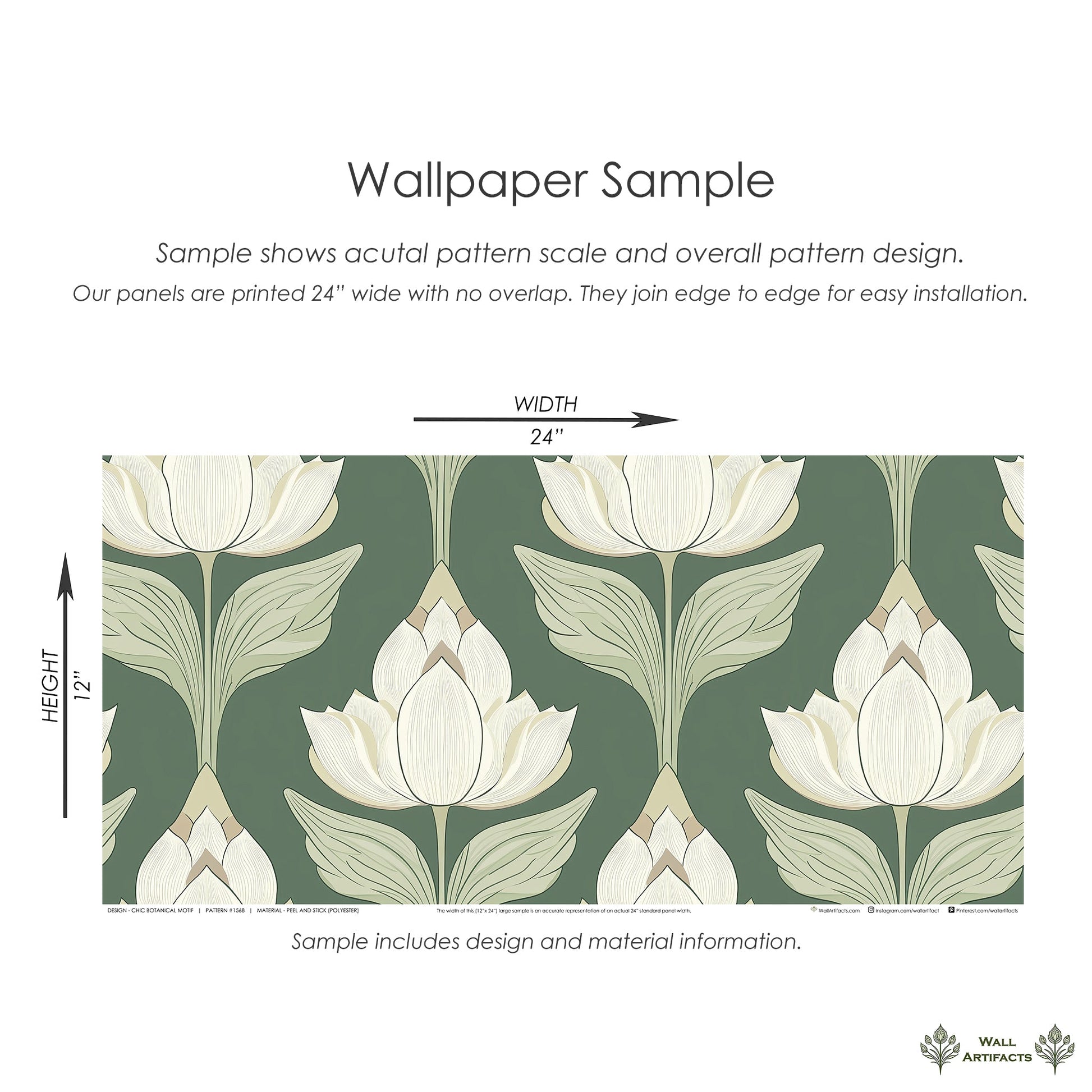 Art nouveau floral wallpaper with ivory blooms on sage green background, showcasing scale and seamless 24x12" panel for home decor.