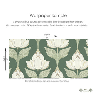 Art nouveau floral wallpaper with ivory blooms on sage green background, showcasing scale and seamless 24x12" panel for home decor.