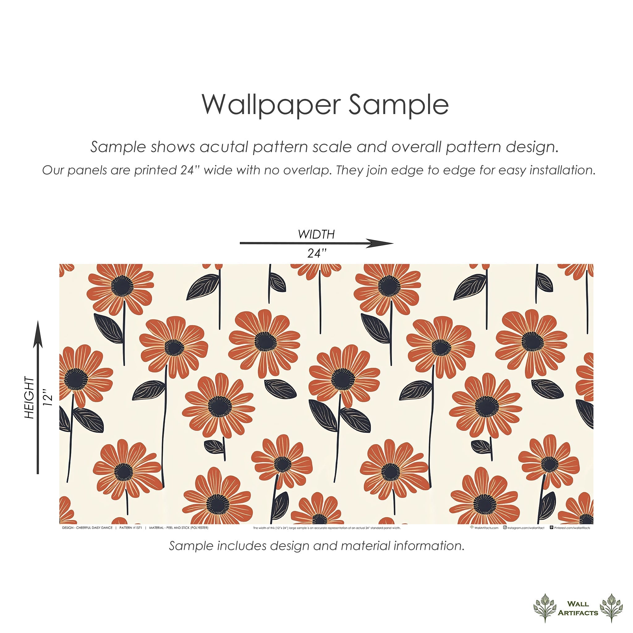 Retro floral wallpaper sample with orange daisies on cream background, featuring bold black centers and a modern, cheerful design.
