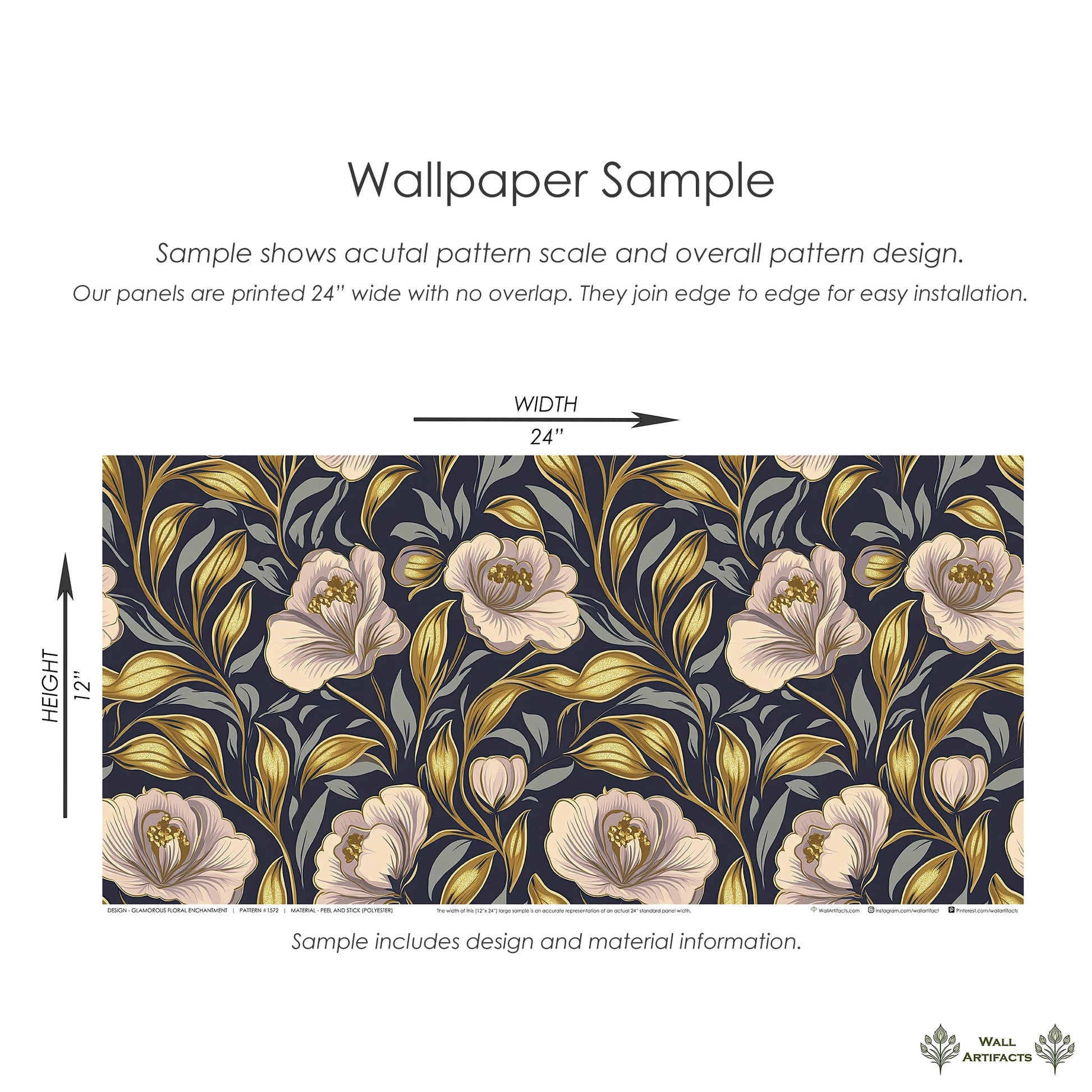 Glamorous Floral Enchantment wallpaper with navy background, golden botanical details, blush blooms. Elegant, floral, traditional style.