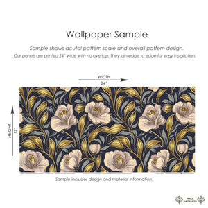 Glamorous Floral Enchantment wallpaper with navy background, golden botanical details, blush blooms. Elegant, floral, traditional style.