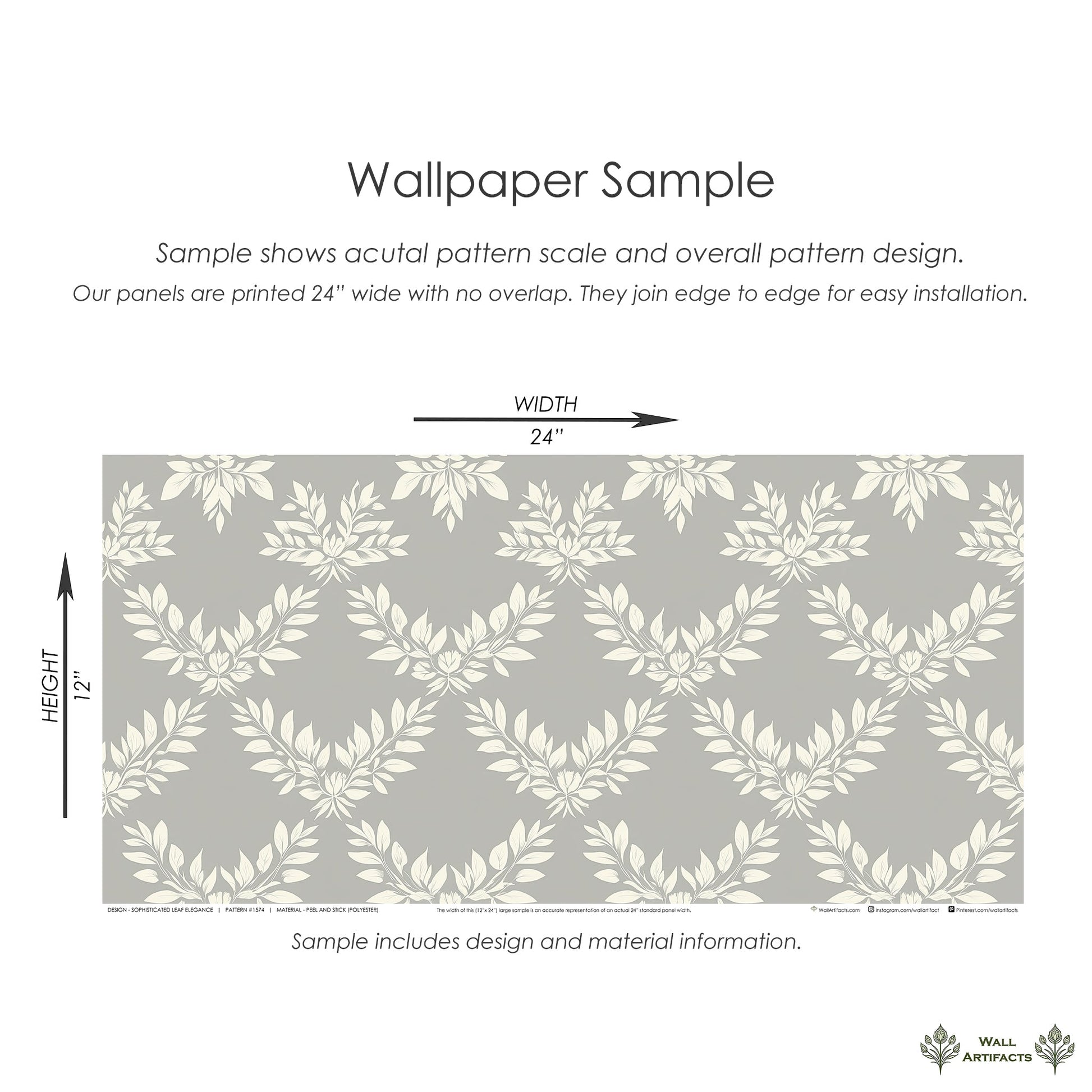 "Sophisticated Leaf Elegance Wallpaper with ivory laurels on gray background, perfect for traditional and modern interiors."