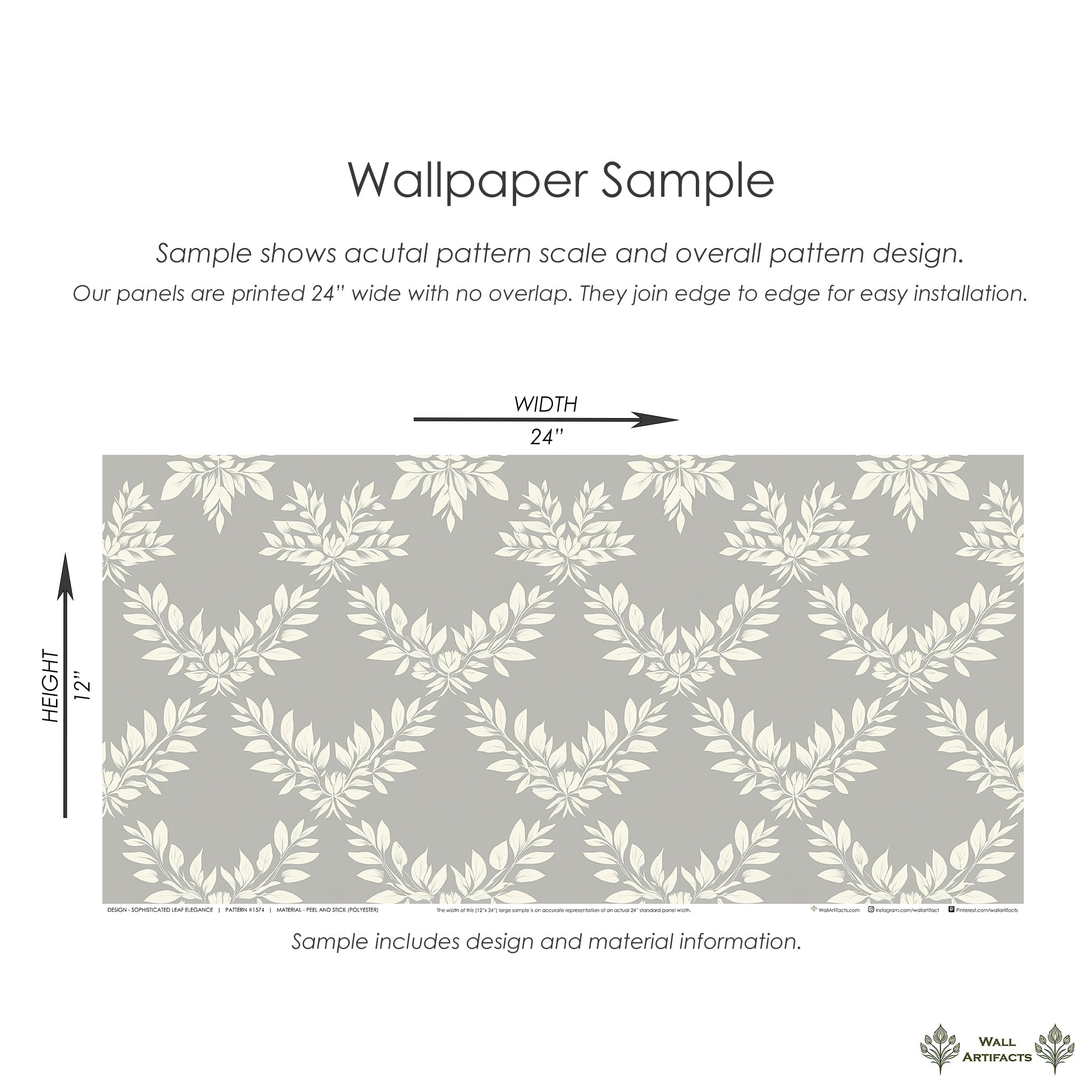 "Sophisticated Leaf Elegance Wallpaper with ivory laurels on gray background, perfect for traditional and modern interiors."