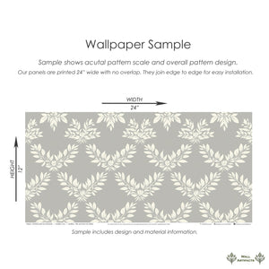 "Sophisticated Leaf Elegance Wallpaper with ivory laurels on gray background, perfect for traditional and modern interiors."