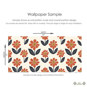 Retro Flower Power wallpaper sample with vibrant orange flowers and navy leaves, ideal for adding a modern floral touch to any room.