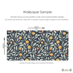 Floral wallpaper sample with soft leafy vines and golden-orange flowers on a navy background, showcasing 24x12 inch pattern scale.