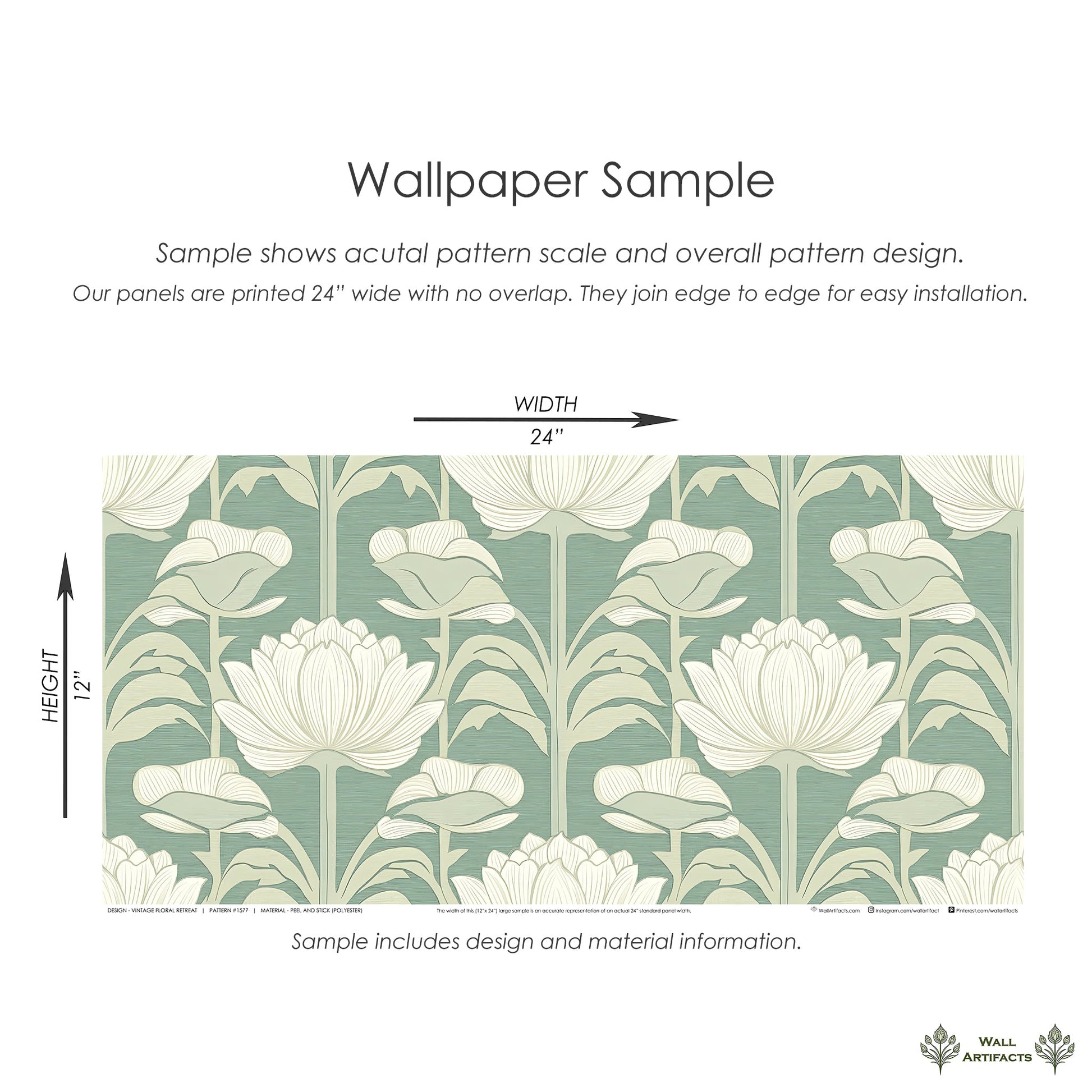 Vintage Floral Retreat art nouveau damask wallpaper sample with ivory flowers on muted green background, 24x12 inches.