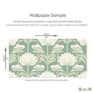 Vintage Floral Retreat art nouveau damask wallpaper sample with ivory flowers on muted green background, 24x12 inches.