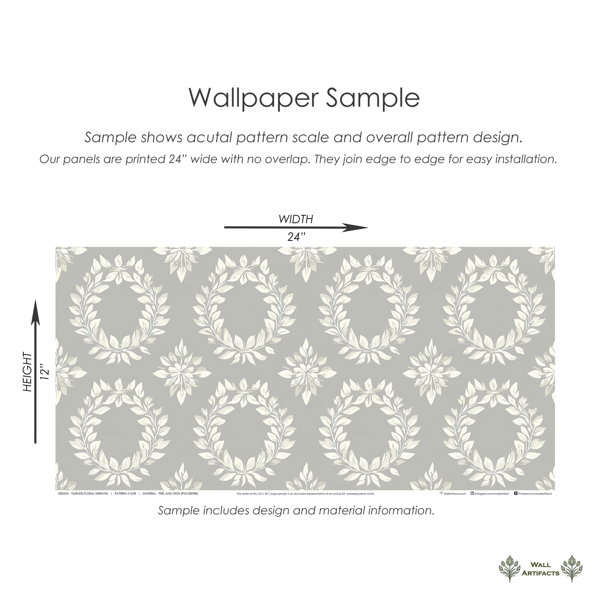 Sample of "Timeless Floral Wreaths" wallpaper, showcasing ivory flower and leaf wreaths on sage-gray background, 24x12 inches.