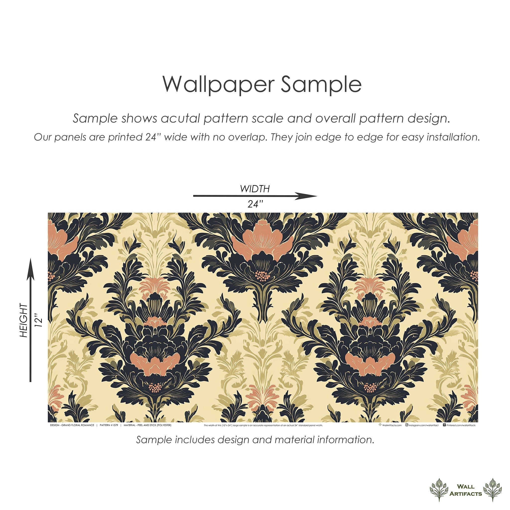 Grand Floral Romance damask wallpaper sample with navy, coral, and olive on cream, ideal for vintage floral-inspired decor.