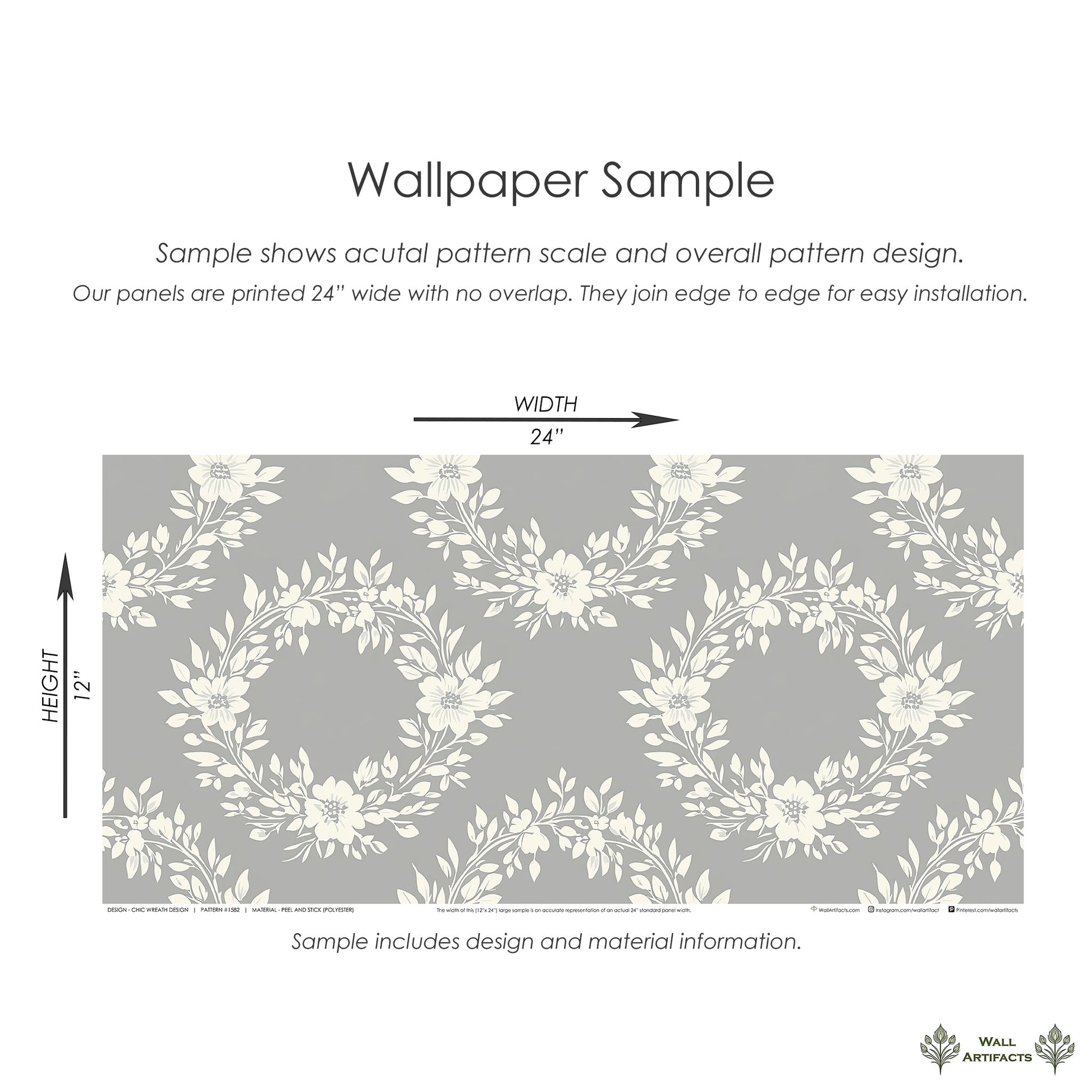 Chic Wreath Design wallpaper sample featuring floral laurel wreaths on a gray background, ideal for traditional decor.