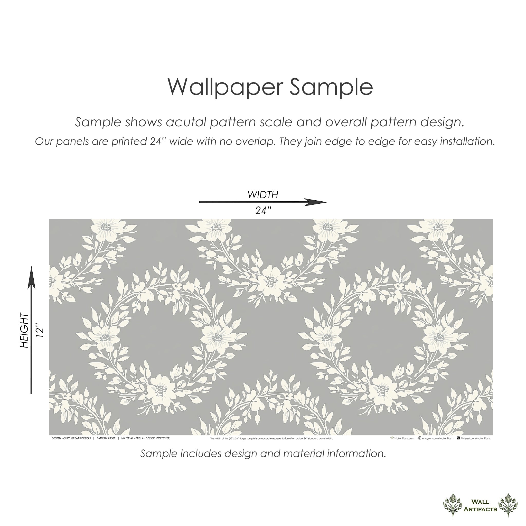 Chic Wreath Design wallpaper sample featuring floral laurel wreaths on a gray background, ideal for traditional decor.