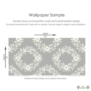 Chic Wreath Design wallpaper sample featuring floral laurel wreaths on a gray background, ideal for traditional decor.