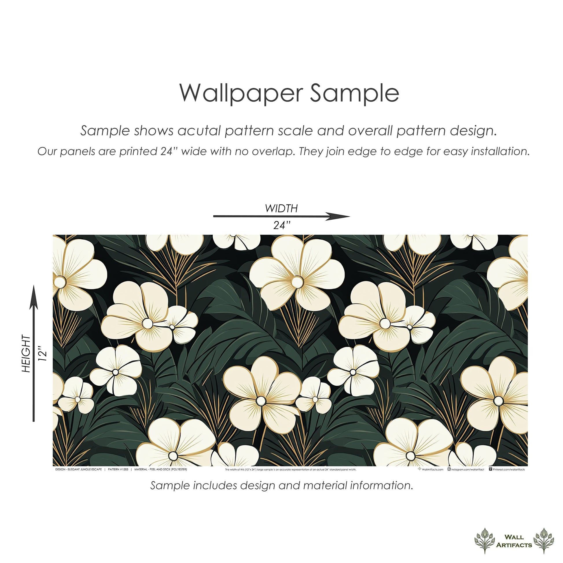 Elegant floral jungle wallpaper sample with cream flowers, palm fronds on a lush green background for modern accent walls.