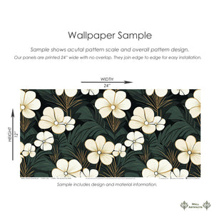 Elegant floral jungle wallpaper sample with cream flowers, palm fronds on a lush green background for modern accent walls.