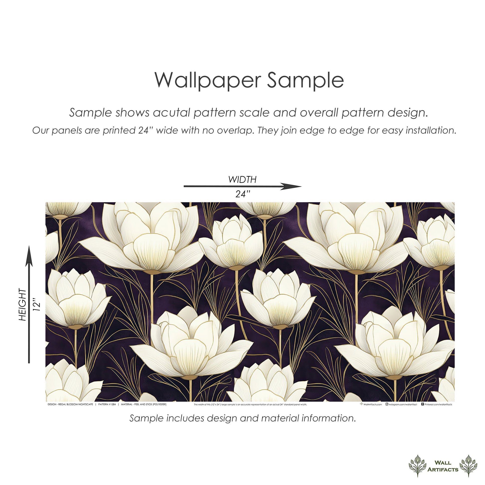 Regal Blossom Nightscape wallpaper sample featuring glowing ivory flowers on a deep plum background, showcasing a floral modern design.