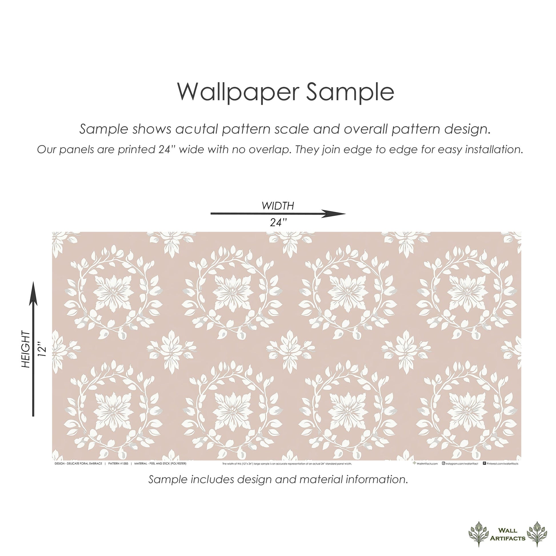 Delicate Floral Embrace wallpaper sample with ivory laurel wreaths and flowers on a blush background, perfect for traditional interiors.