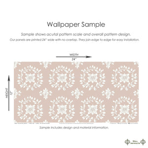 Delicate Floral Embrace wallpaper sample with ivory laurel wreaths and flowers on a blush background, perfect for traditional interiors.