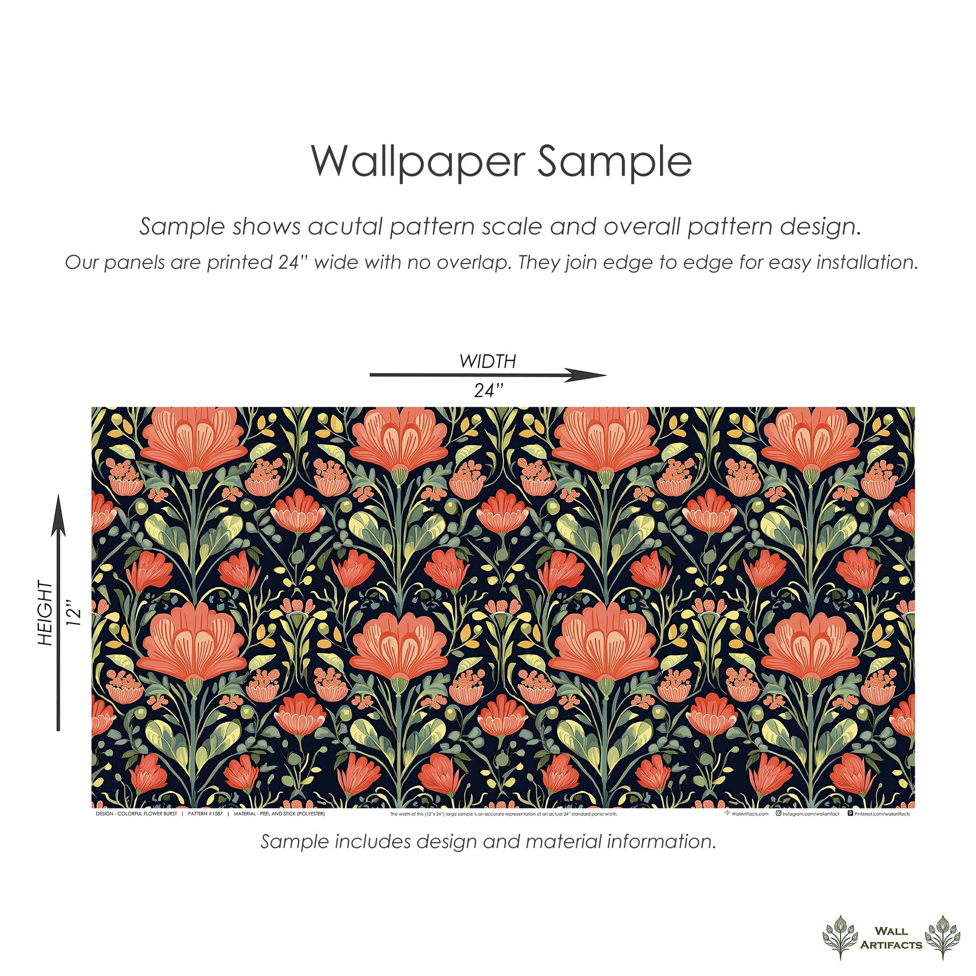 Sample of colorful floral wallpaper with coral and green flowers on a dark background; ideal for vibrant interior design.