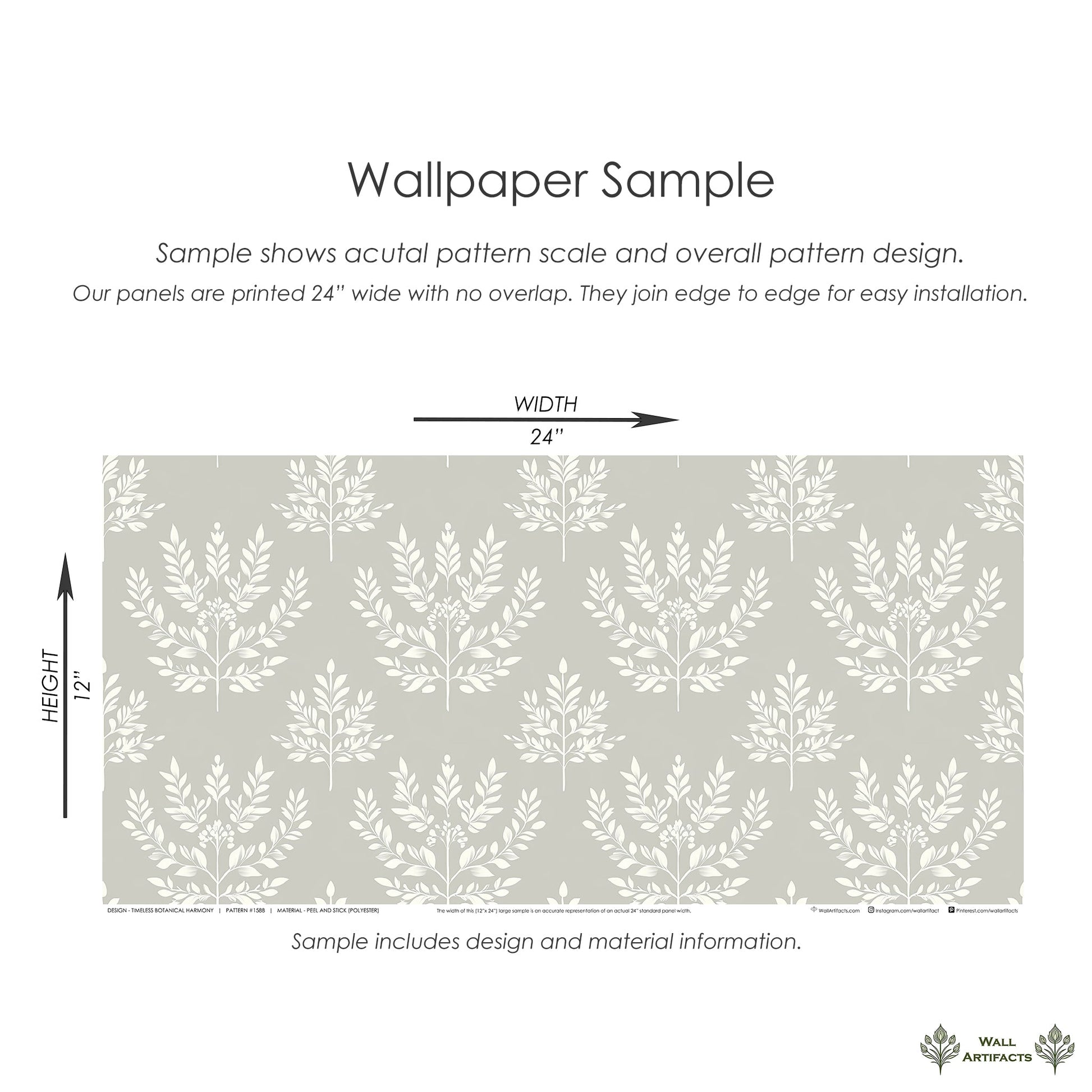 Wallpaper sample with laurel wreath pattern, 24x12 inches, in soft ivory on muted gray; traditional and contemporary botanical design.
