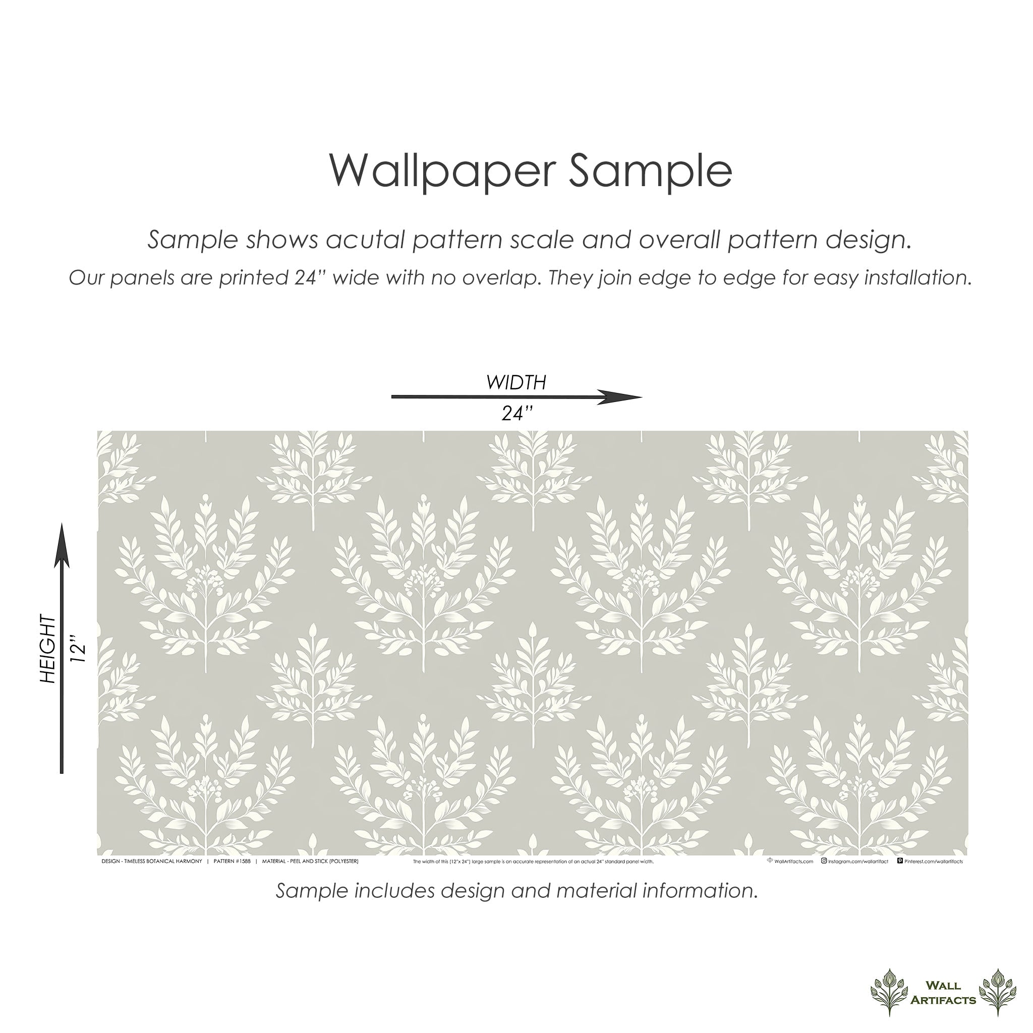 Wallpaper sample with laurel wreath pattern, 24x12 inches, in soft ivory on muted gray; traditional and contemporary botanical design.