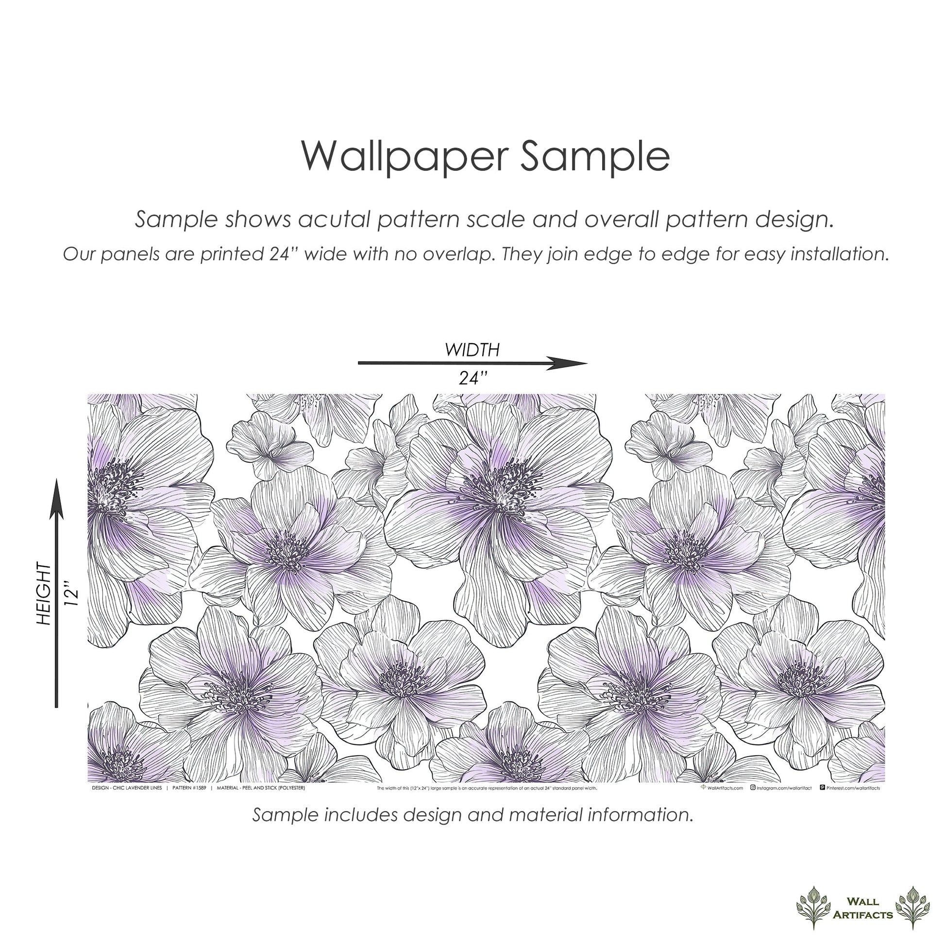 Chic Lavender Lines wallpaper sample with floral monochrome design, featuring hand-drawn flowers with purple and white gradients, modern.