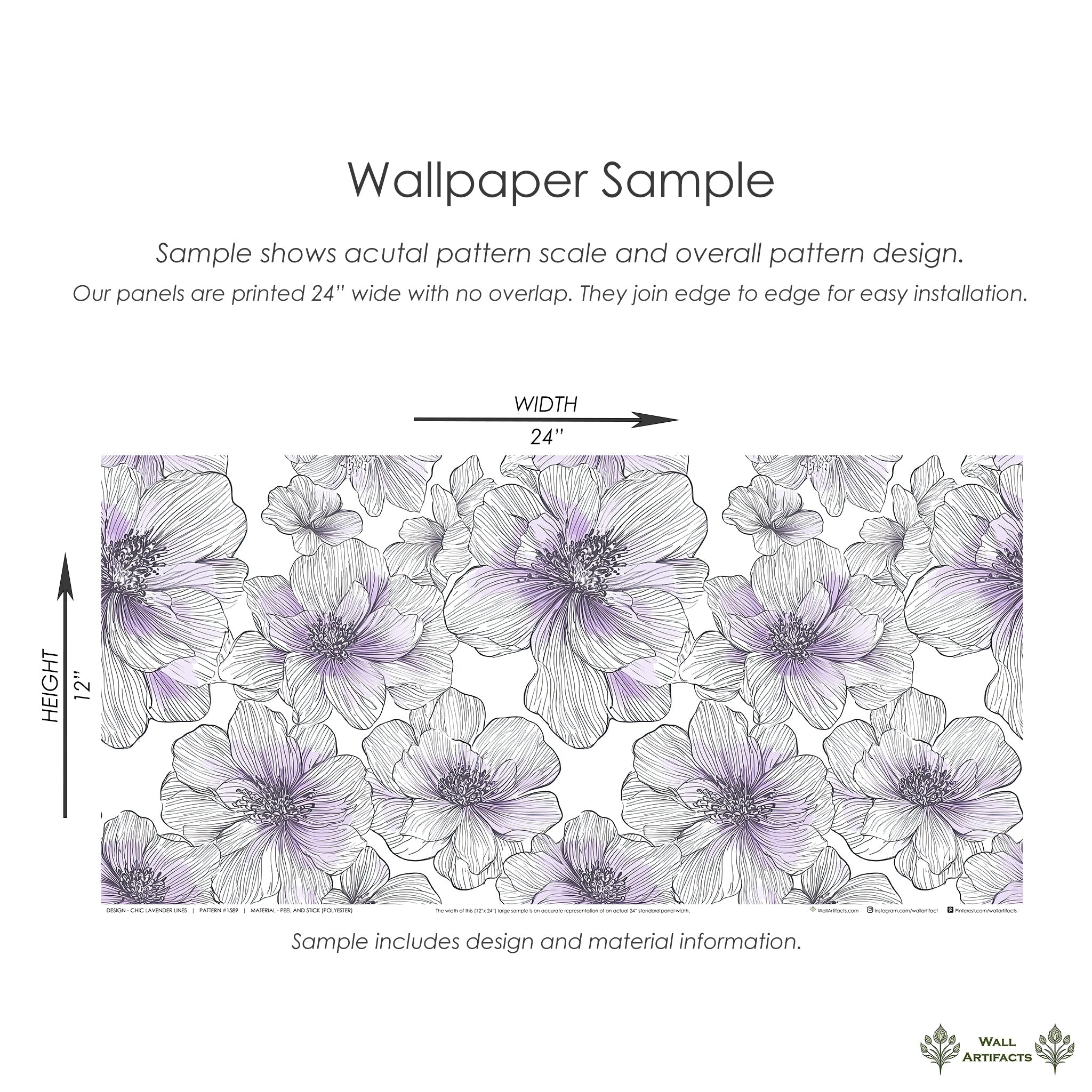 Chic Lavender Lines wallpaper sample with floral monochrome design, featuring hand-drawn flowers with purple and white gradients, modern.