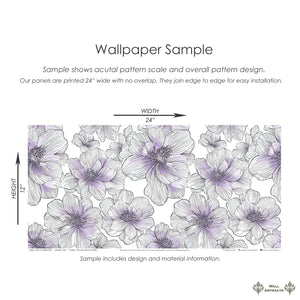 Chic Lavender Lines wallpaper sample with floral monochrome design, featuring hand-drawn flowers with purple and white gradients, modern.