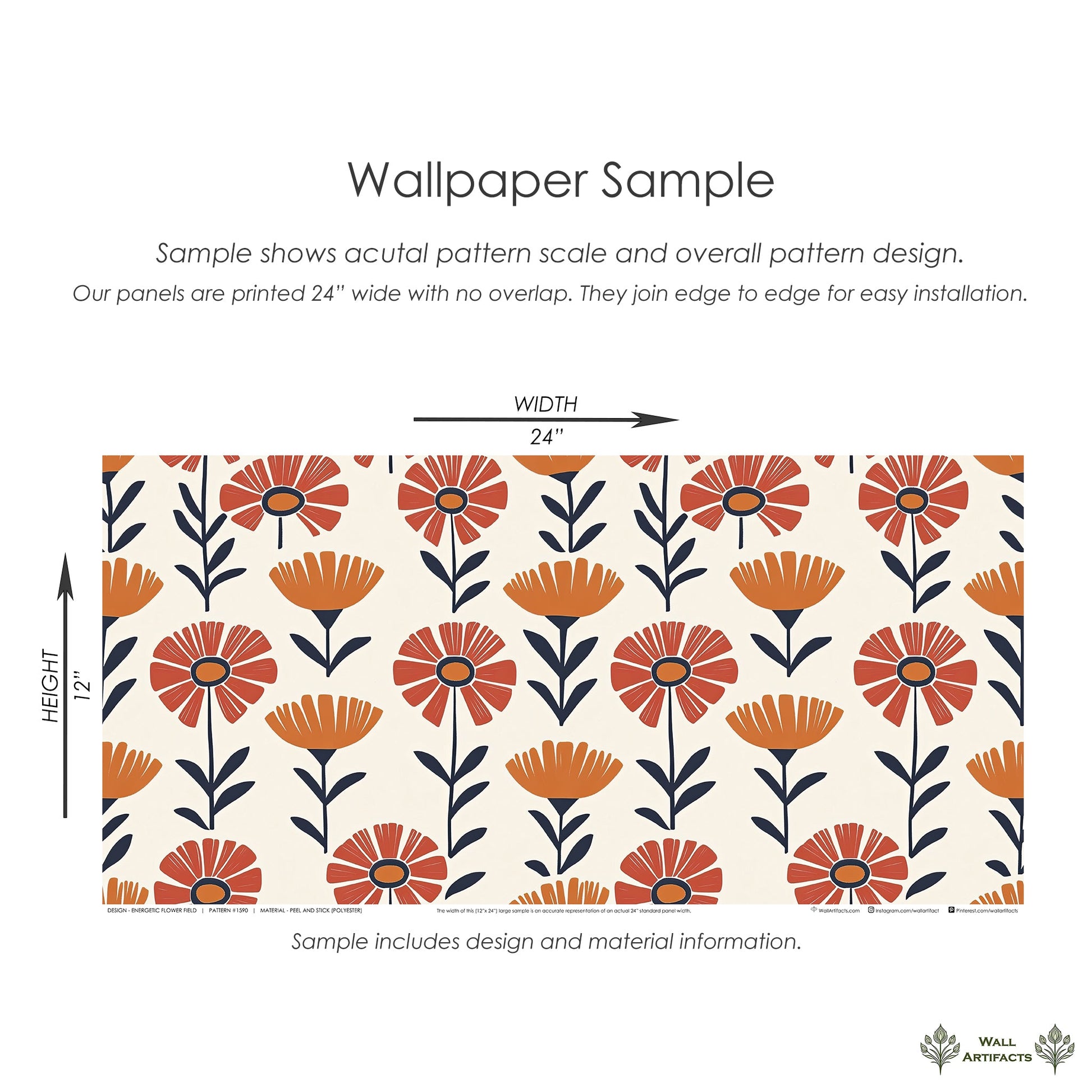 Energetic Flower Field Wallpaper: Retro floral design with orange and red flowers, perfect for children's rooms and modern decor.