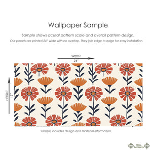 Energetic Flower Field Wallpaper: Retro floral design with orange and red flowers, perfect for children's rooms and modern decor.