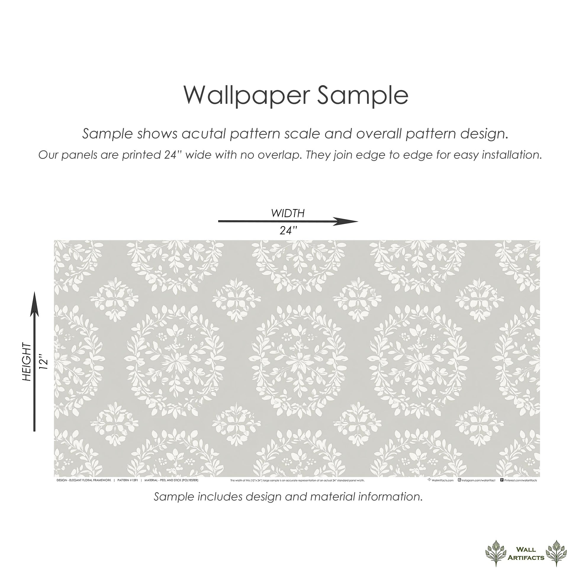 Elegant floral wallpaper with white laurel wreaths on gray, perfect for traditional or modern decor. Sample size: 24” x 12”.