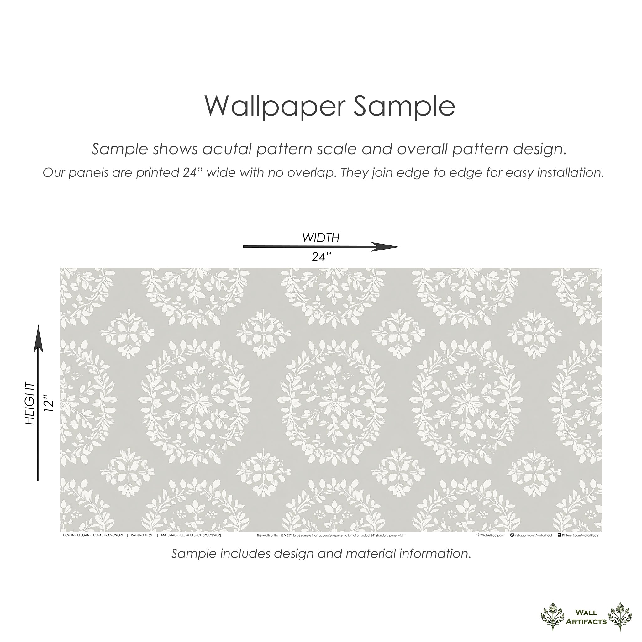 Elegant floral wallpaper with white laurel wreaths on gray, perfect for traditional or modern decor. Sample size: 24” x 12”.