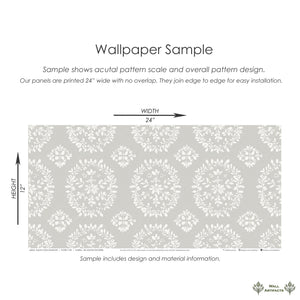 Elegant floral wallpaper with white laurel wreaths on gray, perfect for traditional or modern decor. Sample size: 24” x 12”.