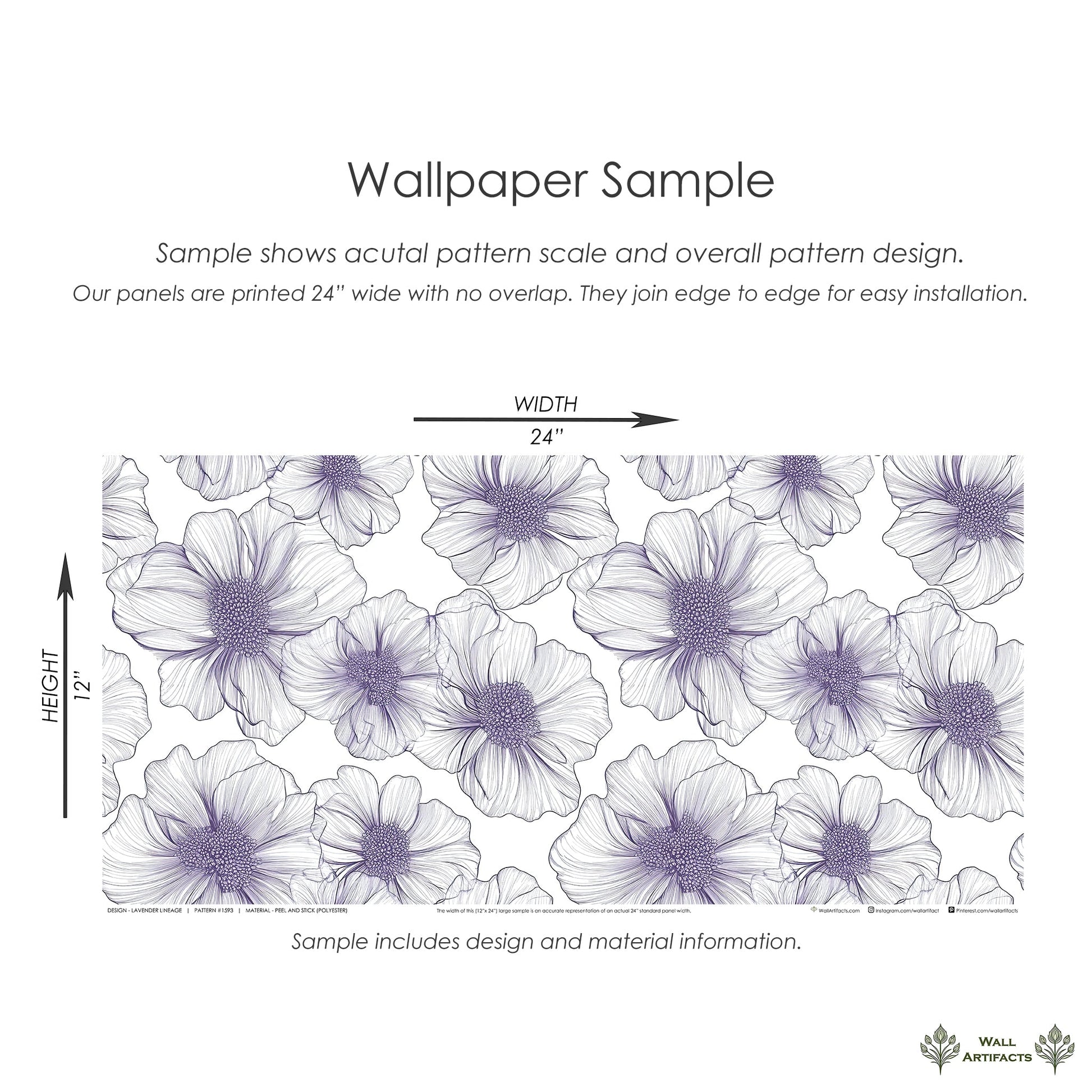 Lavender Lineage floral wallpaper sample featuring monochrome lavender flowers on a white background with size details.