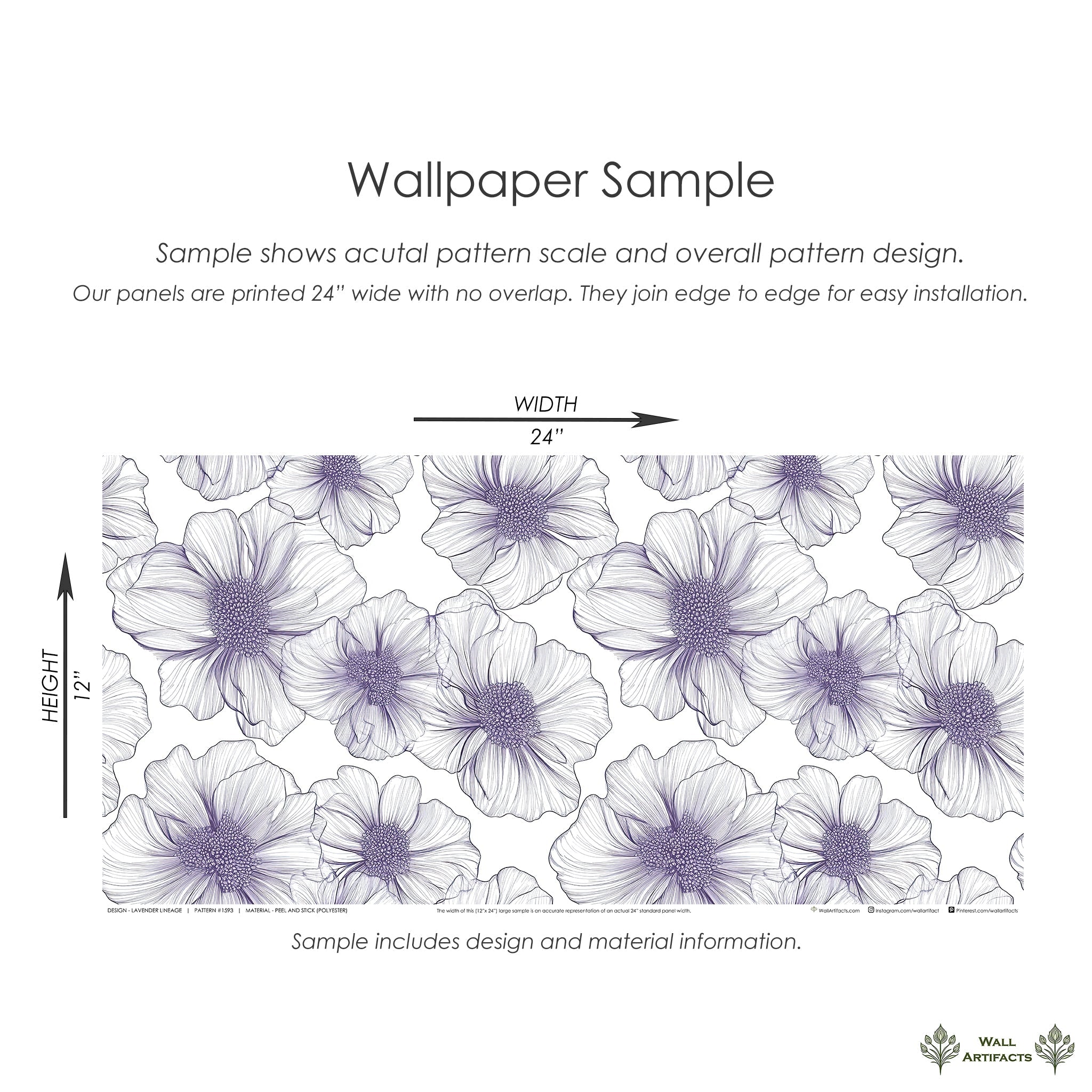 Lavender Lineage floral wallpaper sample featuring monochrome lavender flowers on a white background with size details.
