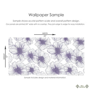Lavender Lineage floral wallpaper sample featuring monochrome lavender flowers on a white background with size details.