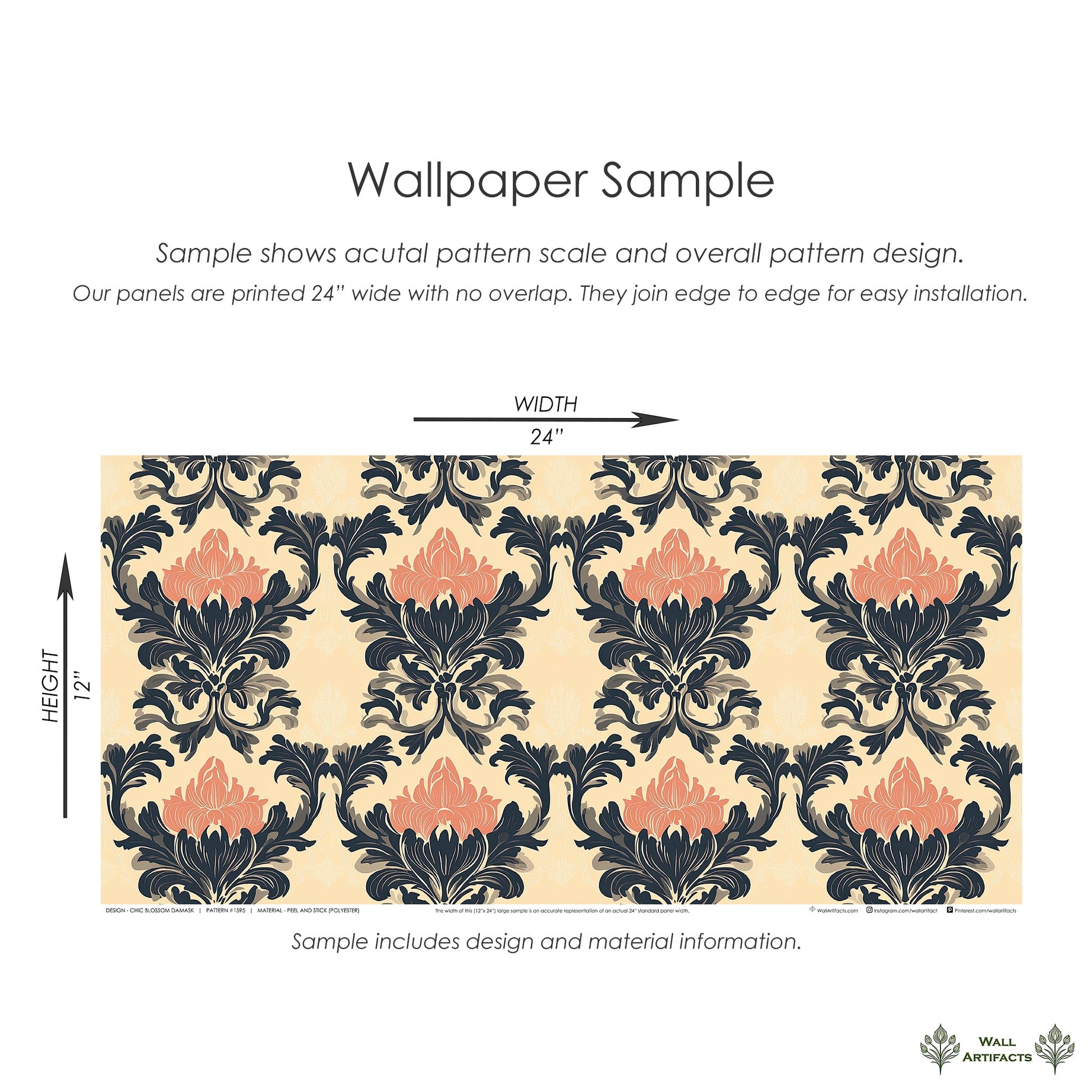 Chic Blossom Damask Wallpaper Sample with pink floral and black leaf motifs on a tan background, perfect for elegant interiors.