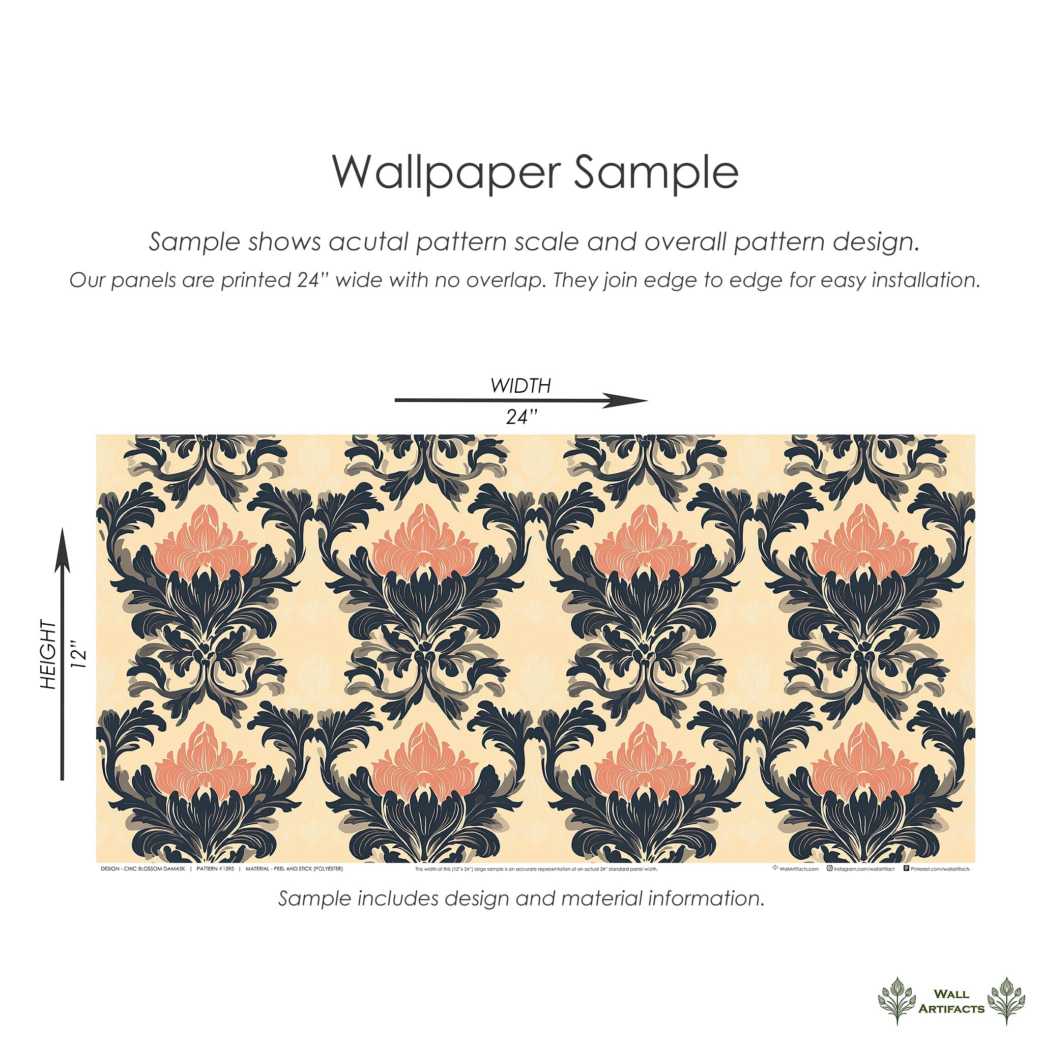 Chic Blossom Damask Wallpaper Sample with pink floral and black leaf motifs on a tan background, perfect for elegant interiors.